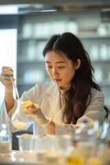 Wall Mural - 5. Portrait of an Asian chemist mixing ingredients for cosmetics, high quality photo, photorealistic, focused expression, bright environment