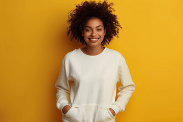 Young woman in white sweatshirt on yellow background smiling with hands in pockets, mockup template for design presentation, casual fashion outfit for women, studio shot