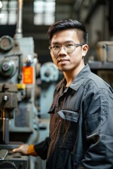 Wall Mural - 23. Portrait of an Asian production worker operating machinery, high quality photo, photorealistic, focused expression, professional setting