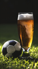 Wall Mural - A glass of beer on the grass with a football next to it