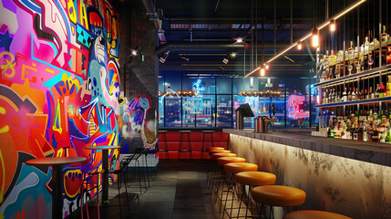 Wall Mural - A contemporary bar with a vibrant and energetic atmosphere, featuring a colorful graffiti mural on one wall. The bar counter is made of concrete, with bright, modern bar stools.