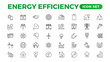 © artnazu - 'Energy efficiency icon set. Calculator, energy-saving light bulb, piggy bank, solar panel, circular economy, battery, home insulation, energy class vector illustration.