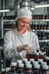 Wall Mural - 18. Portrait of a Western factory worker handling cosmetic ingredients, high detail, photorealistic, cheerful mood, bright environment