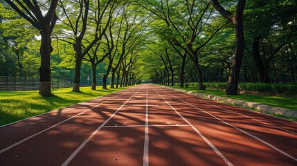Surrounded by lush green trees, an athlete track or running track winds through a vibrant playground.