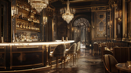Wall Mural - A luxurious speakeasy bar with a modern, opulent design, featuring a gold-accented bar, velvet seating, and chandeliers that cast a soft, ambient light over the patrons. 