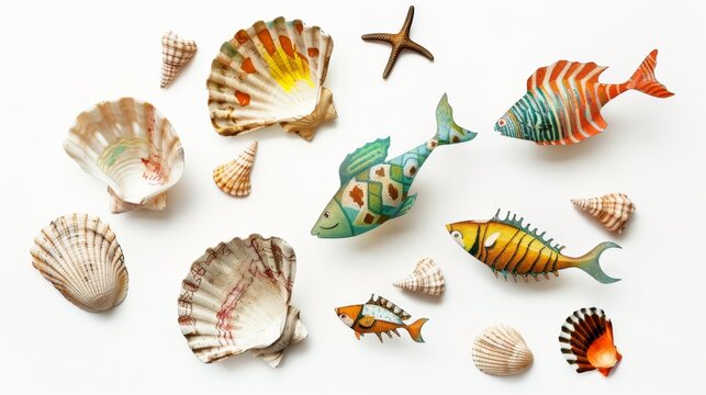 Composition of seashells and cartoonish fish on a white background