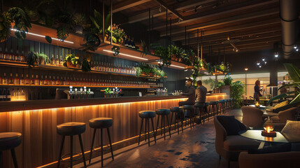 Wall Mural - A modern bar with a cozy ambiance, featuring wooden beams and soft lighting. The bar is lined with potted plants and the shelves are stocked with an assortment of fine wines.