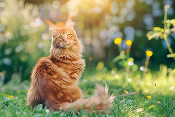 Wall Mural - A red fluffy cat sitting on green grass in the garden. A beautiful orange mainecoon sits and looks at the camera. The cat looking back over its shoulder, tail raised. Spring time background. Real phot