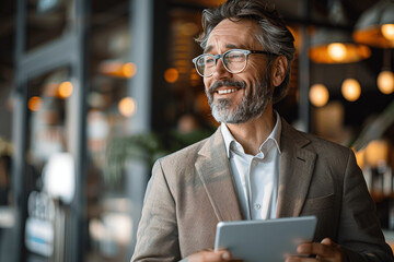 Wall Mural - Happy mature business executive using tablet in modern office near coffee shop, smiling professional manager with glasses in suit holding digital tablet, positive middle-aged corporate leader