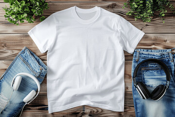 Wall Mural - White Womens Cotton T-Shirt Mockup with Flowers Jeans Sneakers and Headphones on Wooden Background Top View Flat Lay Design Template Print Presentation High Resolution Fashion Summer Outfit