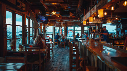 Wall Mural - A nautical-themed bar with side view tables made of repurposed boat wood, marine decor, and patrons enjoying seafood and cocktails by the waterfront.