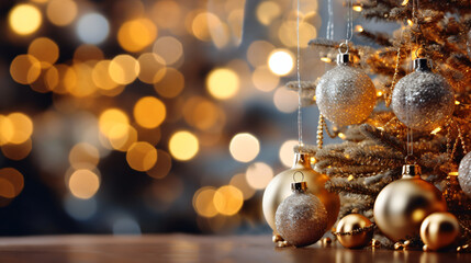 Wall Mural - christmas card background with christmas tree balls against a golden blokeh background