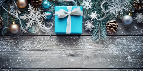 Wall Mural - christmas card background with gifts on a wooden ground