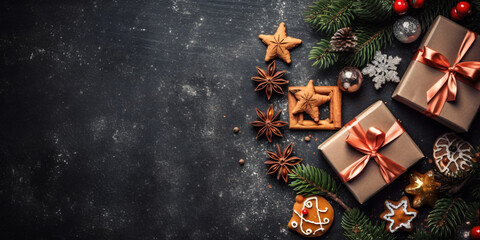 Wall Mural - christmas card background with gifts and christmas decoration on a dark background