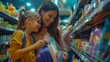 © chekart - Mom and daughter are buying school supplies at the supermarket. Back to school. A woman and a little girl are shopping in a store