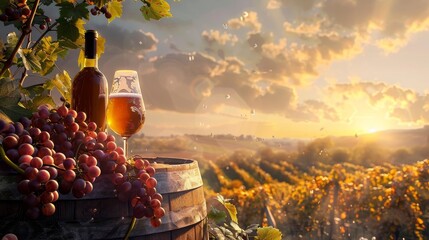 Golden hour vineyard, sun-kissed wine grapes, a bottle and glass of wine on a wooden barrel, with a clear sky stretching above