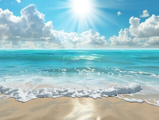 A beautiful sandy beach with waves gently lapping at the shore under a clear blue sky 