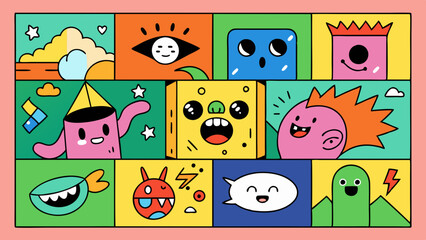 Square abstract comic Faces with various Emotions. Crayon drawing style. Different colorful characters. Cartoon style. Flat design. Hand drawn trendy vector