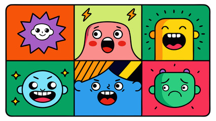 Square abstract comic Faces with various Emotions. Crayon drawing style. Different colorful characters. Cartoon style. Flat design. Hand drawn trendy graphic