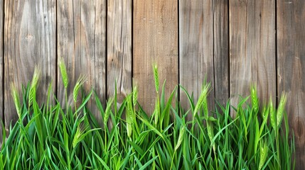 Wall Mural - Wheatgrass with a wooden backdrop featuring fresh vibrant green foliage