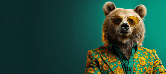 Stylish Bear in Sunglasses and Green Suit Posing with Copy Space