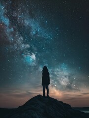 silhouette of a woman gazing at the milky way on a rocky hilltop at night