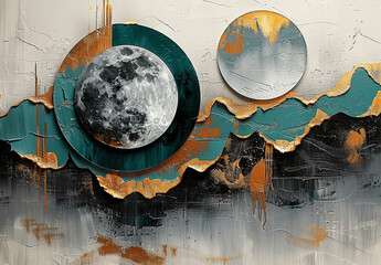 Wall Mural - Elegant Abstract Painting with Teal and Gray Circles, Golden Elements, Black Lines, and White Background