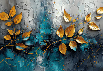 Wall Mural - Abstract Leaf Silhouettes on Teal and Grey Background with Gold and Silver Elements