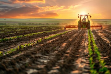 Agricultural scene - a tractor plowing the field, turning the soil for the new planting season, enhancing crop growth, and contributing to sustainable farming practices.