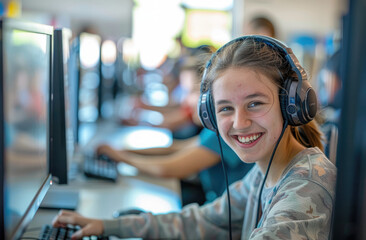 Wall Mural - Young smiling woman wearing headphones sitting at computer in front of group working on desktops