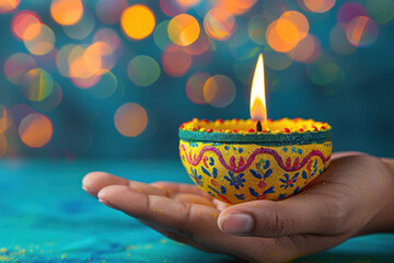 female hand holding diya or oil lamp on traditional festival diwali