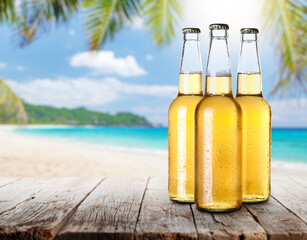 Poster - Beer on a table with a stunning sea and beach background