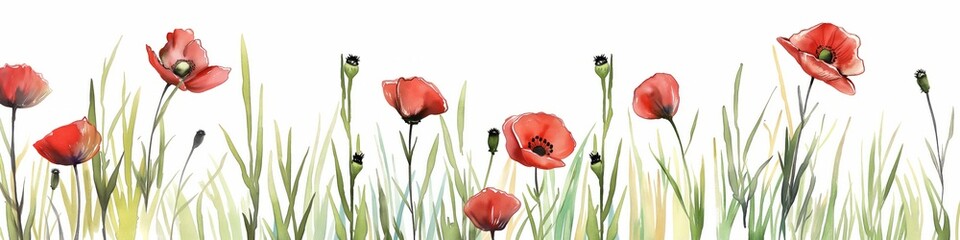 Wall Mural - Watercolor tall grass and red poppys on a white background