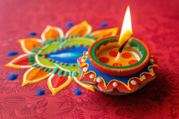 Poster - Traditional oil lamp with colorful rangoli design on diwali festival