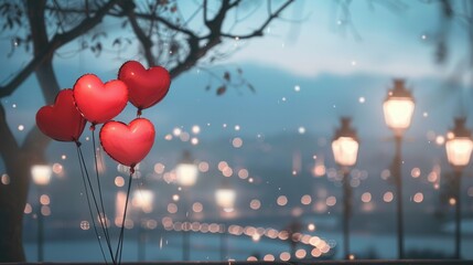 Aufkleber - A close-up shot of four red heart-shaped balloons floating against the backdrop of a romantic evening cityscape, with twinkling lights and a soft blue sky. Generative AI