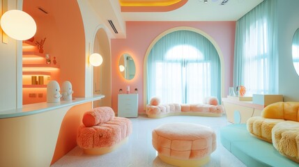 Sticker - A colorful room with a pink couch and a yellow chair