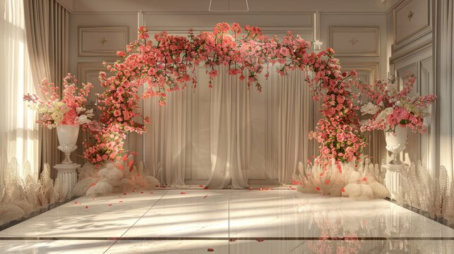 A large, white room with a white archway and flowers