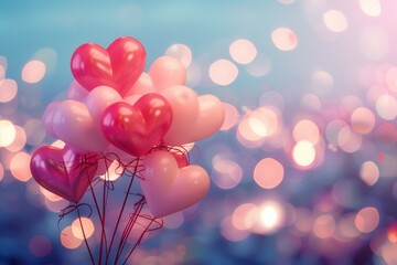Aufkleber - Pink and red heart balloons against a sparkling background of city lights. Ideal for a romantic evening setting. Generative AI
