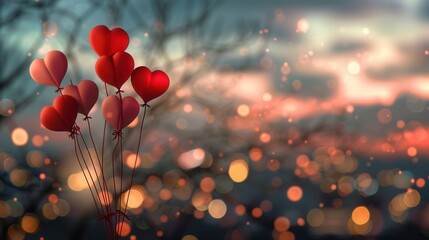 Aufkleber - A soft and dreamy image of red and pink heart balloons against a backdrop of twinkling city lights, perfect for romantic events and restaurants. Generative AI
