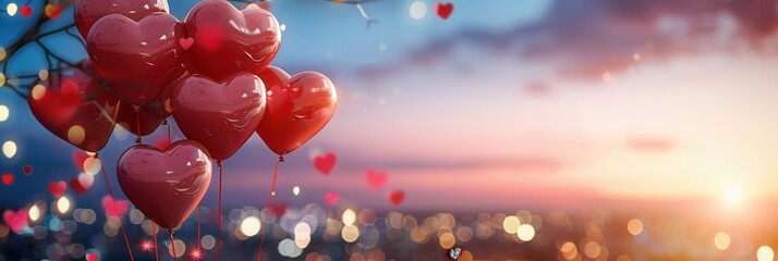 Aufkleber - A beautiful image of red heart-shaped balloons floating against a cityscape at sunset. Perfect for creating a romantic atmosphere for events and restaurants. Generative AI