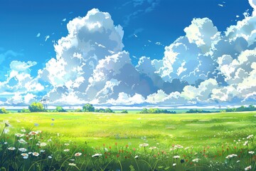 Peaceful summer landscape with green field, white clouds, and blue sky.  Beautiful scenery of the countryside with field and green grass.