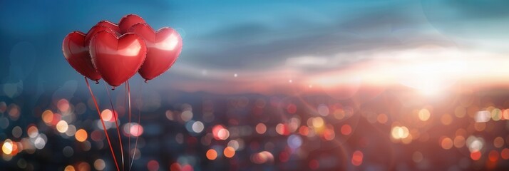Aufkleber - Heart-shaped balloons against a backdrop of city lights and a romantic sunset. Perfect for creating a magical and intimate atmosphere for your next event. Generative AI