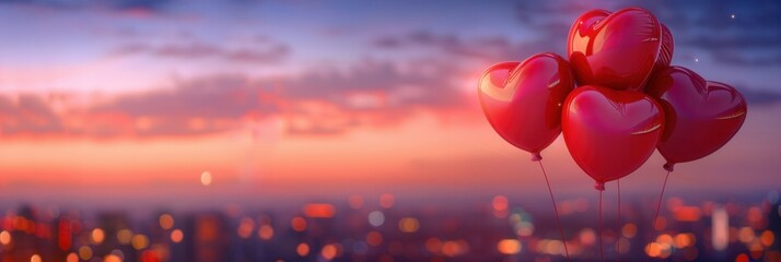 Aufkleber - A beautiful, romantic evening cityscape backdrop with red heart-shaped balloons floating against the sunset. Perfect for romantic events, restaurants, and wedding planners. Generative AI
