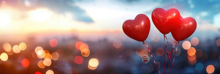 Aufkleber - Two red heart balloons float against a romantic backdrop of city lights. Generative AI