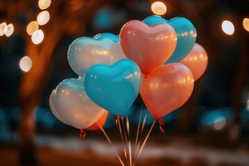 Aufkleber - Romantic heart-shaped balloons against a blurred background of evening lights, perfect for a special occasion. Generative AI