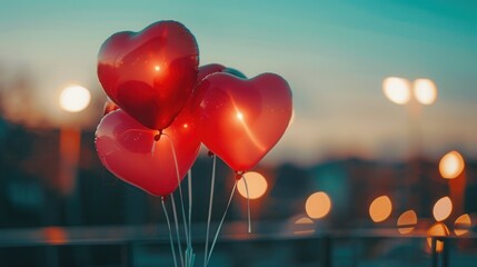 Aufkleber - Heart-shaped balloons float against a backdrop of city lights, creating a romantic atmosphere for a special evening. Generative AI