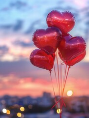 Aufkleber - Heart-shaped balloons float against a romantic sunset sky, perfect for restaurants and event planners. Generative AI