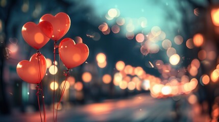 Aufkleber - Heart-shaped balloons float against a backdrop of city lights, creating a romantic atmosphere perfect for a special occasion. Generative AI