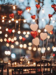Aufkleber - A romantic dinner setting with heart-shaped balloons and string lights, ideal for restaurants and event planners. Generative AI