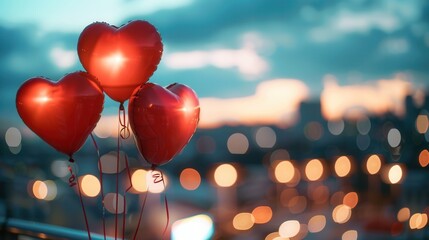 Aufkleber - Three heart-shaped balloons float against a backdrop of city lights at sunset, creating a romantic and intimate scene. Generative AI